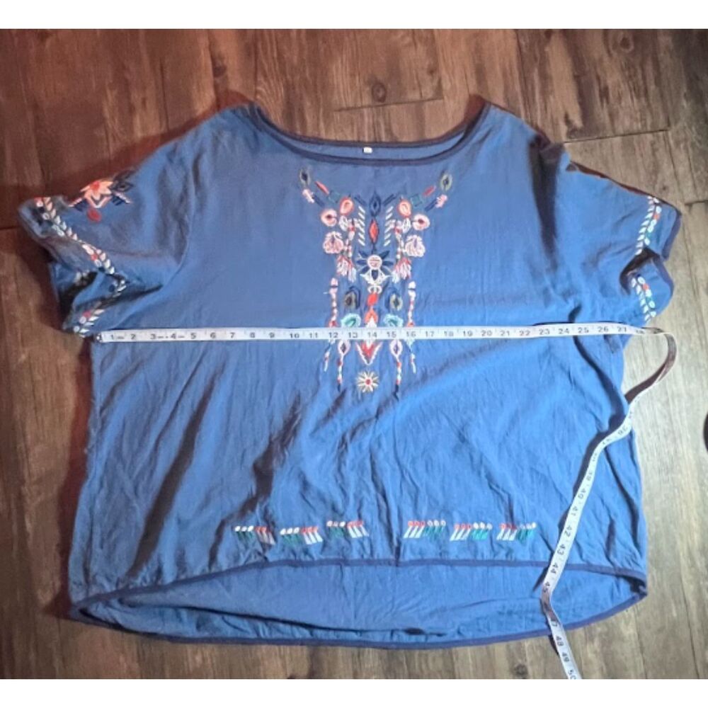 Women’s XL Blue Embroidered Short Sleeve Tunic Dress Boho Casual